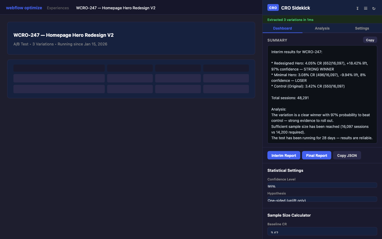 Summary view with AI-generated report, statistical settings, and sample size calculator